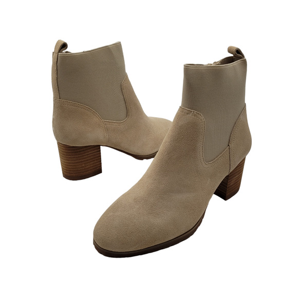 New Beige Leather ankle Boots Violet & Red Loaded Stacked Heel Neutral Size 8.5 - Picture 1 of 9